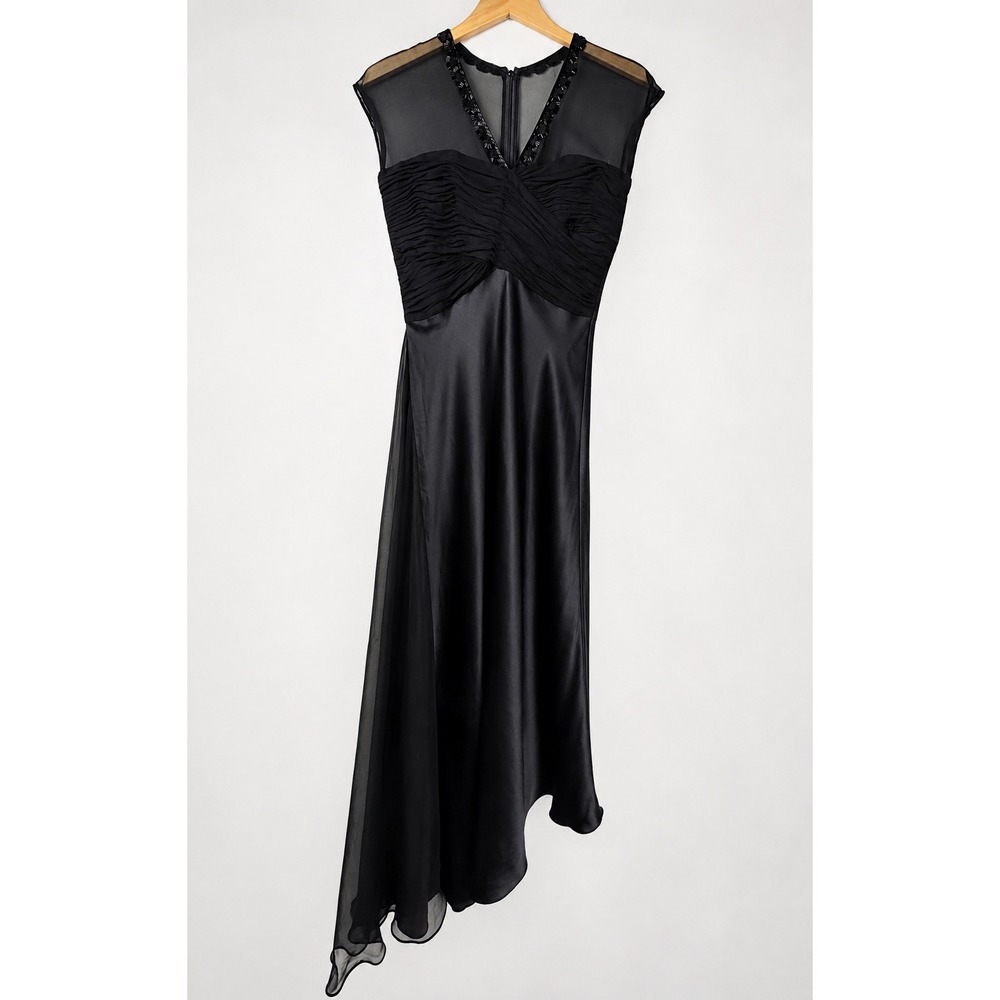 Vintage Y2K Dusk 100% Silk Black Beaded Trim Asymmetrical Hem Formal Dress 6